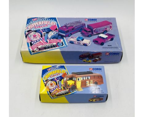 A boxed Corgi Classics Chipperfields Circus set comprising of Land Rover, Morris Minor Pick-Up, Thames Trader Truck and AEC F