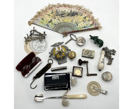 An assortment of items including Chinese fan, Rand opera glasses, AA badge, silver plated pots etc.