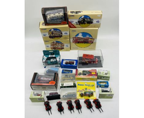 A collection of mainly boxed die-cast vehicles including Corgi Classics buses, Oxford Commercials, Base-Toys Ltd, Gilbow Excl
