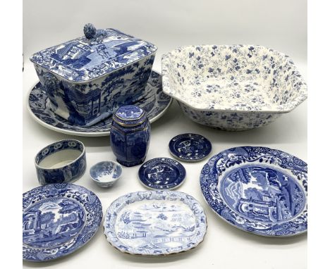 A collection of various antique blue and white china including a Stevenson Blue & White transfer printed tureen decorated wit