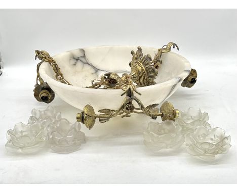 An alabaster plaffonier light shade with six floral opaque glass shades. A/F  