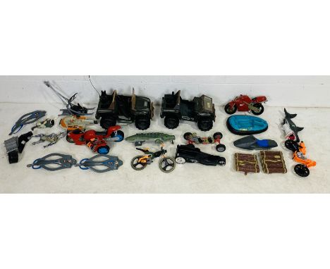 A collection of various Action Man vehicles and accessories including jeeps, boats, motorbikes etc - some A/F