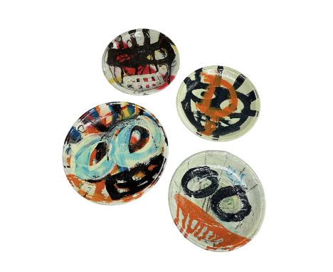 NEALE HOWELLS (Welsh b.1965) set of four painted ceramic plates - abstract, each signed and dated verso 2024, 13cms (diam.) t