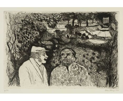 ‡ JOHN ELWYN (Welsh 1916-1997) rare limited edition (4/100) etching - two men in conversation, signed and dated 1975, 20 x 30