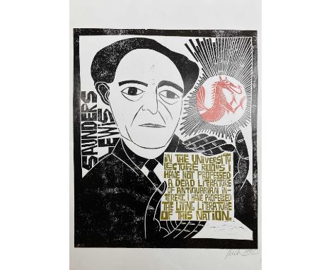 ‡ PAUL PETER PIECH (American, lived / worked Wales 1920-1996) three colour woodcut print - portrait of Saunders Lewis with qu