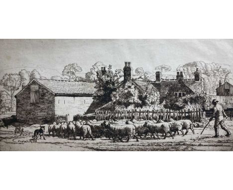 ‡ CHARLES FREDERICK TUNNICLIFFE OBE RA (1901-1979) limited edition (49/75) sepia etching - Herding Sheep at Kemps Croft Farm,