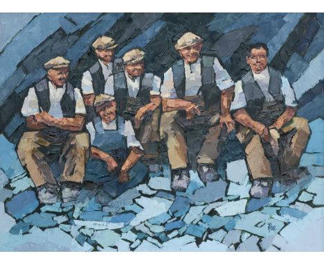 ‡ IFOR PRITCHARD (Welsh 1940-2010) oil on canvas - portrait of six quarrymen posing as though for a photograph, signed, 45 x 