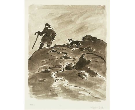 ‡ SIR KYFFIN WILLIAMS RA (Welsh 1918-2006) limited edition (41/150) monochrome lithograph - farmer with sheepdog on mountains