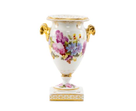 SWANSEA PORCELAIN VASE, of classical form, painted with flowers, the shoulders with gilt ram's head handles, socle base and s