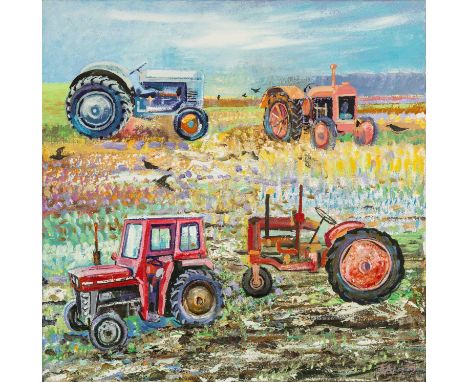 ‡ ALEX WILLIAMS (Welsh b.1942) oil on canvas - entitled verso 'Types of Tractor', signed with initials and signed and dated 2