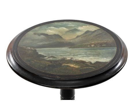 VICTORIAN WELSH SLATE TOP TRIPOD TABLE having a circular moulded slate top painted with mountains of Eryri signed by J. T. Pa