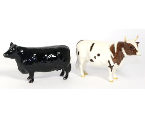 Beswick Cattle Comprising: Aberdeen Angus Cow, model No. 1563, black gloss and Ayrshire Bull Ch. ''Whitehill Mandate'', model