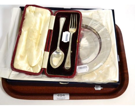A modern silver Armada dish, Mappin & Webb, as new and boxed; together with a silver bead edge Christening fork and spoon 
