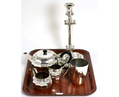 A silver beaker, three piece plated tea service, plated candlestick etc 