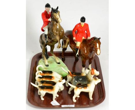 Beswick Hunting Group Comprising: Huntsman, Style Two, model No. 1501, brown gloss, Huntsman (on rearing horse), second versi