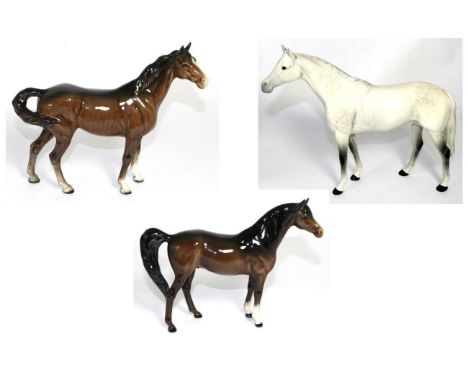 Beswick Horses Comprising: Large Racehorse, model No. 1564, grey gloss, Arab ''Xayal'', model No. 1265, brown gloss and Swish