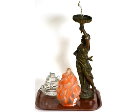 A patinated Neo-Classical cast figural lamp with shade and a Pukeberg paperweight (2)