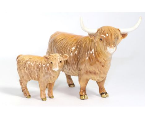 Beswick Cattle Comprising: Highland Cow, model No. 1740 and Highland Calf, model No. 1827D, both tan and brown gloss (2)