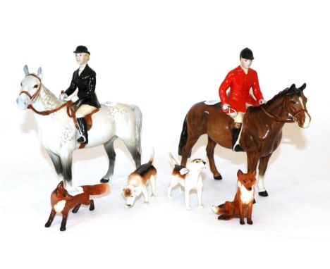 Beswick Huntsman, (Style Two, Standing), model No. 1501, brown gloss and Huntswoman (Style Two, Standing), model No. 1730, gr