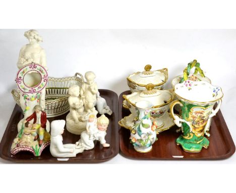 A pair of 19th century ceramic fruit and gilt decorated tureens and covers, floral encrusted pocket watch holders, two Parian
