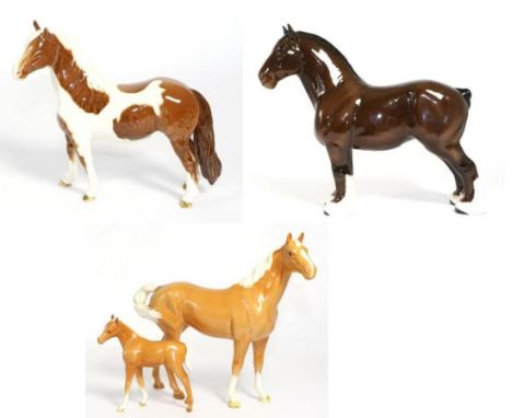 Beswick Horses Comprising: Pinto Pony, Second Version, model No. 1373, Skewbald gloss; Burnham Beauty, model No. 2309, bay gl