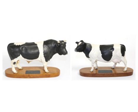 Beswick Connoisseur Friesian Bull, model No. 1439B and Friesian Cow, model No. A2607, both on wooden plinths, black and white