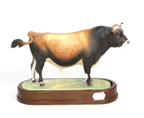 Royal Worcester Jersey Bull ''Leebarn Carlisle II'', model No. RW3776 by Doris Lindner, on wooden plinth 