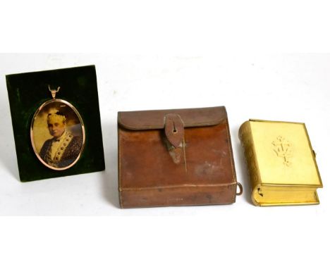 A glass hunting flask and plated sandwich box in a stitched leather case embossed G O Sandys, Royal Scots; a miniature portra