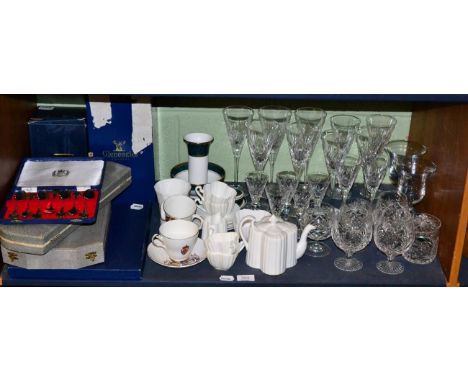 Group of ceramics, glass and silver plate to include Royal Doulton crystal table glasses; a Foley china part tea service; 197