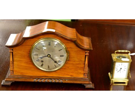 An Edwardian mahogany mantel clock, silvered Roman dial, twin train movement, with winder; with a brass carriage clock and wi