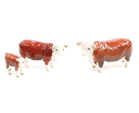 Beswick Cattle Comprising: Hereford Bull, model No. 1363A, Hereford Cow, model No. 1360 and Hereford Calf, model No. 1827C, a