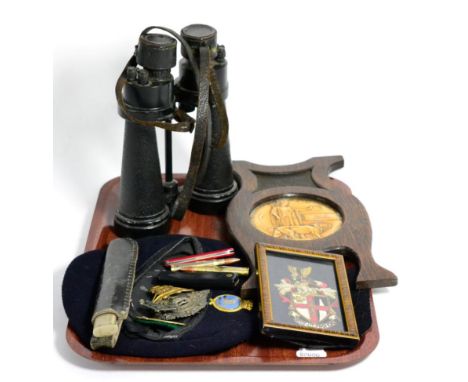 A small group of military related items including a death plaque, Dennis Grierson, a pair of Barr & Stroud field glasses with