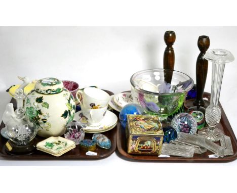 Assorted ceramics including Masons ware, Caithness bowl, candlesticks etc (on two trays)