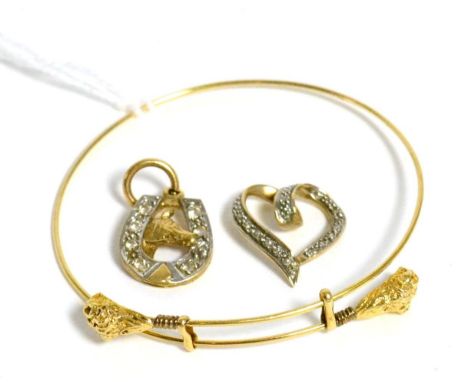 A cross over bangle with lion head terminals, a 9ct gold diamond set heart pendant and a 9ct gold horse head pendant (3)9.6g 