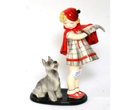 Goldscheider figure of girl with Scottie dog, no. 7664, signed S.Dakon and marked 'Made in Austria' with Goldscheider Wien im