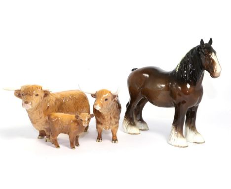 Beswick Cattle: Highland Bull, model No. 2008, Highland Cow, model No. 1740 and Highland Calf, model No. 1827D, all tan and b