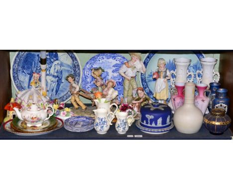 A quantity of ceramics and glass to include Spode; Royal Worcester; a jasperware cheese dome; Continental figures etc (one sh