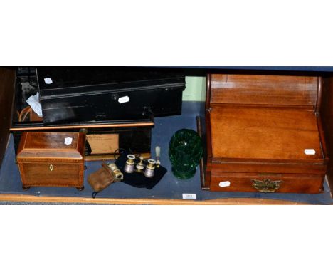 A 19th century sarcophagus tea caddy; two pairs of opera glasses; carved pair of binoculars; postal scales; Victorian green g