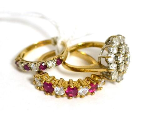 A 9ct gold ruby and diamond half hoop ring, total estimated diamond weight 0.25 carat approximately, finger size J, a 9ct gol