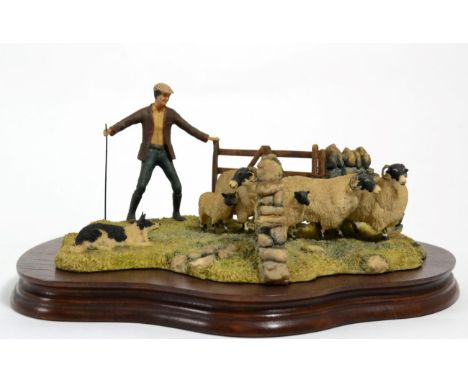 Border Fine Arts 'Shedding' (Shepherd, Collie and Sheep), model No. L113 by Ray Ayres, limited edition 181/1250, on wood base