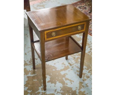 BEDSIDE/LAMP TABLES, a pair, George III design, mahogany and satinwood crossbanded, each with frieze drawer and undertier, 40