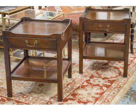 BEDSIDE/LAMP TABLES, a pair, George III design mahogany each with gallery frieze drawer and undertier, 51cm x 51cm x 61cm H. 