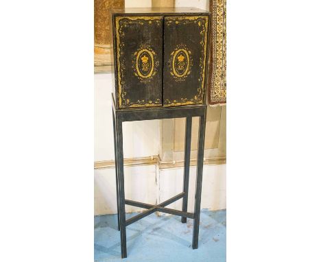 JEWELLERY CABINET, 19th century Chinese export black lacquered and gilt painted with 'Coronet' initialled doors enclosing six