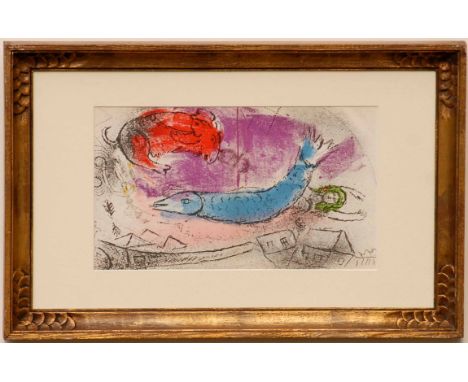 MARC CHAGALL 'The Blue Fish', original lithograph, 1957, Ref: Cramer 34, printed by Mourlot Freres, 23cm x 40cm, framed and g