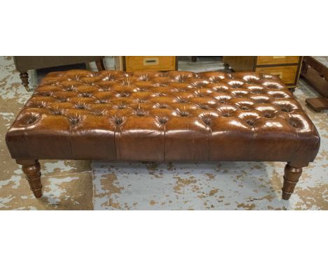 HEARTH STOOL, George III style rectangular deep button upholstered hand finished leaf brown leather and turned mahogany suppo