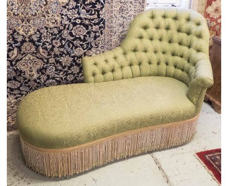 CHAISE LONGUE, late 19th century Continental button backed, in green patterned fabric, 153cm L x 95cm H (with faults).