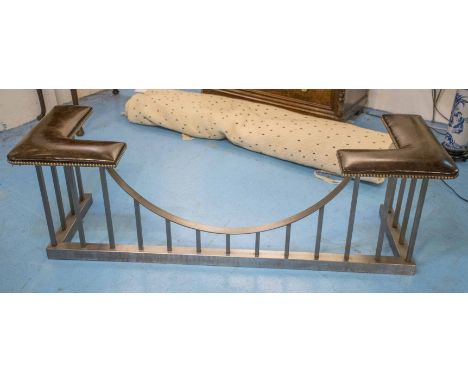 CLUB FENDER, steel with brown leather upholstery, 56cm H x 156cm x 50cm.