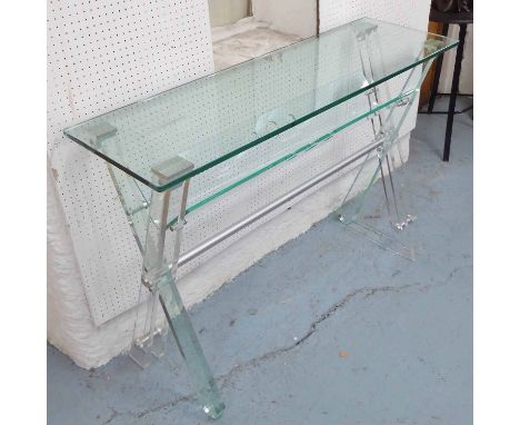 CONSOLE TABLE, perspex and glass on X framed support, 125cm x 40cm x 87cm H.