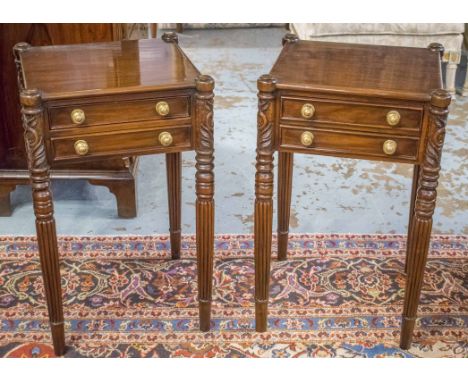 BEDSIDE/LAMP TABLES, a pair, George III style, mahogany, each with two drawers and carved reeded supports, 45cm W x 42cm D x 