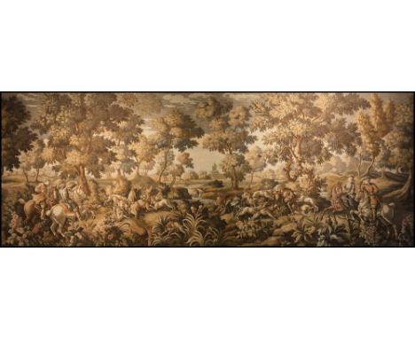 VERDURE DESIGN TAPESTRY, 193cm x 72cm, hunting scenes in a woodland landscape mounted onto a wooden frame.
